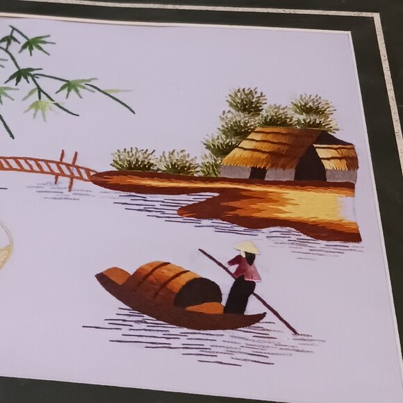 Asian Hand Embroidered Silk Art – Fishing Village Scene, Matted, 14" x 12" New - Picture 3 of 5